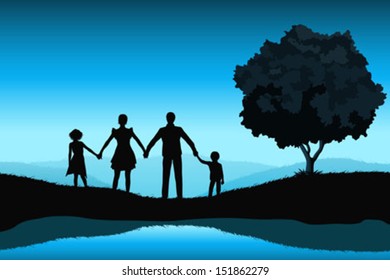 Nature Background with Family Silhouette and Tree