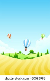 Nature background with field tree and hot air balloons