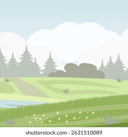Nature background in flat cartoon style. Summer fields. Green hills. Bright colors. EPS 10.
