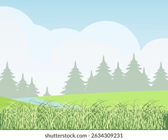 Fundo da natureza em estilo de desenho animado plano. Campos de verão brilhantes. Colinas verdes. EPS 10.