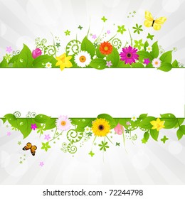 Nature Background With Flower And Butterflies, Vector Illustration