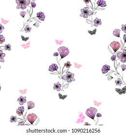 nature background, flower elements and butterflies on white pattern, seamless vector illustration