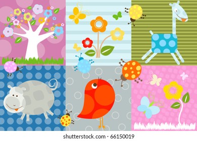 nature background with flowers and animals