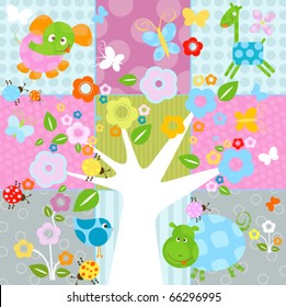 fondo natural con flores y animales