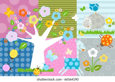 nature background with flowers and animals
