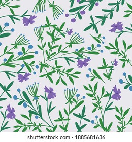 Nature background with flowers. Poster texture with the inscription plants and foliage with bouquets. Natural motifs in the pattern are hand-drawn. Picture for creating a spring design. Vector