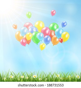 Nature background with flying colored balloons, illustration.