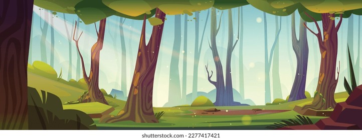 Fondo natural con paisaje forestal con árboles, hierba verde y arbustos. Escena de verano de bosques, parque o jardín a la luz del día. Panorama de la naturaleza con el brillo de los bosques, ilustración de dibujos vectoriales