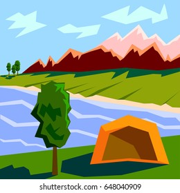 Nature background with forest, mountains and lake. Geometric shape.
