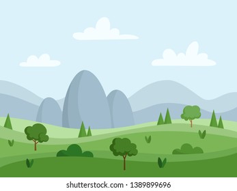 Nature background with forest and mountains. Landscape with trees, bushes, grass. Flat cartoon illustration.