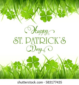 Nature background with frame from clover and grass, holiday lettering Happy St. Patrick's Day, illustration.