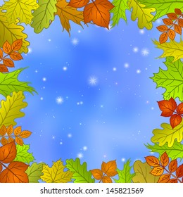 Nature background with framework of leaves of various plants and blue sky. Eps10, contains transparencies. Vector