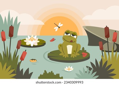 Nature background with frogs, foliage, reed, rocks, lotus, flying insects, wildlife. Cute toads siiting on leaf in pond. Cartoon character face. Clipart. Nature background. Vector flat illustration