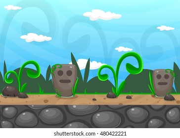 Nature background for game. Vector parallax. Blue sky with cloud and stone totems. Green leaves.