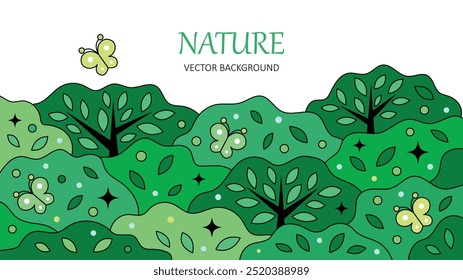 Nature background. Go green concept. Ecology and save the planet theme. Simple illustration style. Poster, banner vector design. Green landscape with trees, shrubs and butterflies.