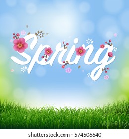 Nature Background With Grass Border And Text Spring With Gradient Mesh, Vector Illustration