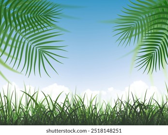 Nature background with grass and branches of trees and palm trees against blue sky. Stock vector background