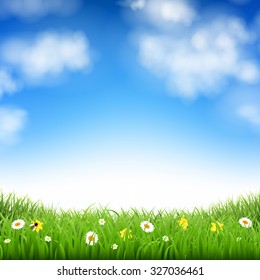 Nature Background With Grass And Clouds With Gradient Mesh, Vector Illustration