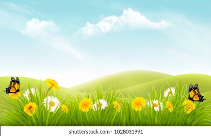 Nature background with grass and flowers and butterflies. Vector.