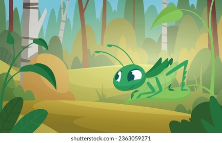 Nature background grasshopper. Cartoon grass landscape with funny insects exact vector lawn illustration