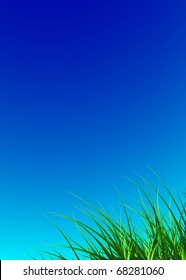 nature background with green grass and blue sky, vector illustration