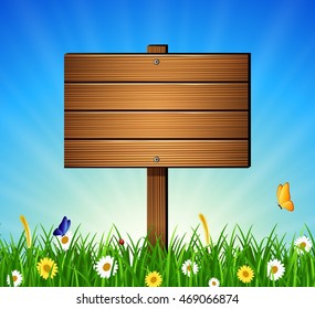 Nature background with green grass, flower and wooden sign