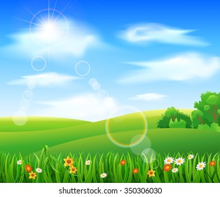 Nature Background Green Grass Flowers Blue Stock Vector (Royalty Free ...