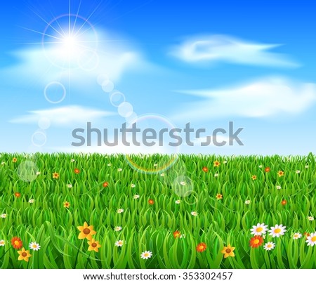 green grass blue sky flowers cloudy nature background with green grass and flowers blue sky background green grass flowers blue stock vector royalty green grass blue sky flowers cloudy nature background with green grass and flowers blue sky background green grass flowers blue stock vector royalty