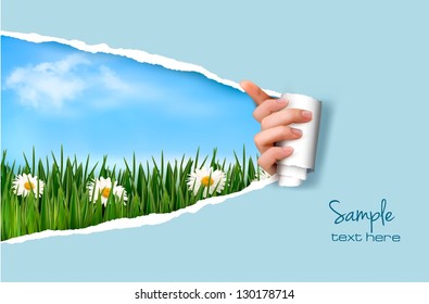 Nature background with green grass and sky and ripped paper. Vector illustration.