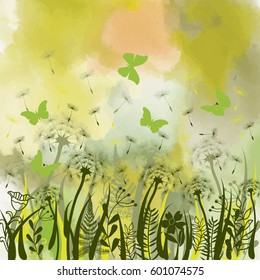 Nature background with green grass, wild herbs,dandelions and butterflies on watercolor backdrop  