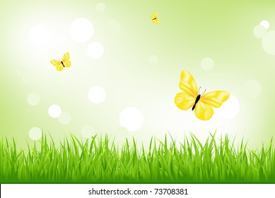 Nature Background, Green Grass And Yellow Butterflies, Vector Illustration