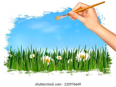 Nature background with hand holding a brush. Vector illustration.