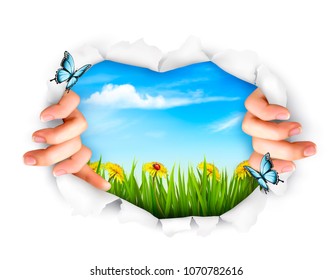 Nature background with hands ripping a paper. Vector