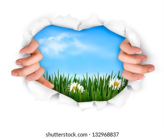 Nature background with hands ripping a paper. Vector