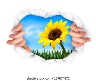 Nature background with hands ripping a paper. Vector
