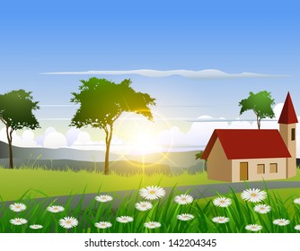 nature background with house and sunlight effect
