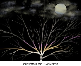 Nature background illustration at night,paint art,brush, colorful