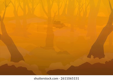 nature background illustration with silhouette of trees in forest with yellow fog