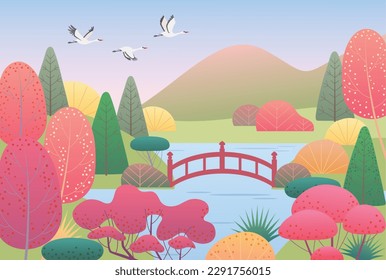 Nature background with japanese garden and flying cranes. Autumn scene with simple red, yellow, green plants, trees, mountain, bridge, clouds and birds. Vector illustration.