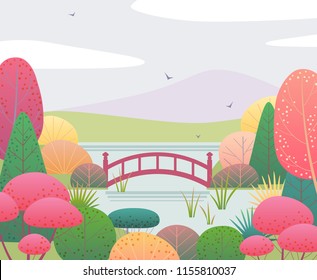 Nature background with japanese garden and red bridge. Autumn scene with colorful plants, trees, mountain, clouds and birds.  Vector flat style illustration. 