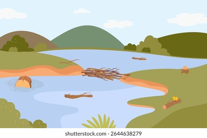 Fundo da natureza com lago. Represa no rio, colinas verdes na paisagem do vale. Toros de madeira na água e na grama, nós de árvore, ilustração vetorial