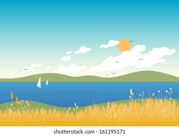 Nature background in the lake and hills. Clear blue sky with sun and clouds. A warm summer beach landscape with wheat field and grass. Vector illustration