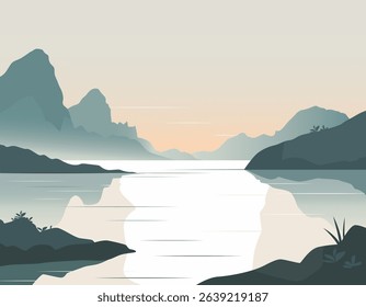 Nature background with lake and mountain silhouettes at sunset. Calm and minimal scenery