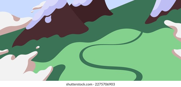 Nature background, landscape panorama. Down aerial view from height on green grass, mountains, clouds on sunny peaceful day. Serene tranquil calm spring scenery. Flat vector illustration