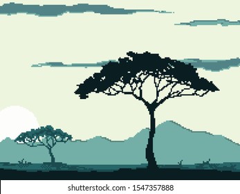 Nature background, landscape vector illustration. Forest and mountains. Pixel art. 8 bit. 