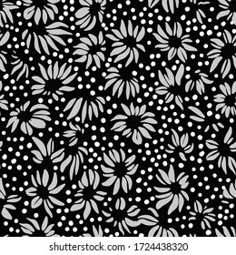 Nature background. Leaf seamless pattern. Stylized large flower heads of daisy wildflowers ornament. Trendy flat design, silhouettes. Simple abstract shapes texture. Textile and fabric design. 