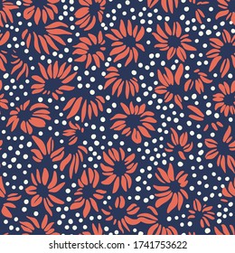 Nature background. Leaf seamless pattern. Stylized large flower heads of daisy wildflowers ornament. Trendy flat design, silhouettes. Simple abstract shapes texture. Textile and fabric design.