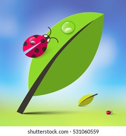 Nature Background with Leaves and Ladybugs. Spring Abstract Vector Illustration.