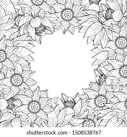 Nature background with lotus flowers. Square greeting card template. Doodle style hand drawn stock vector illustration.