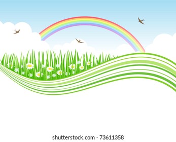 Nature background with meadow and rainbow. Vector  illustration.